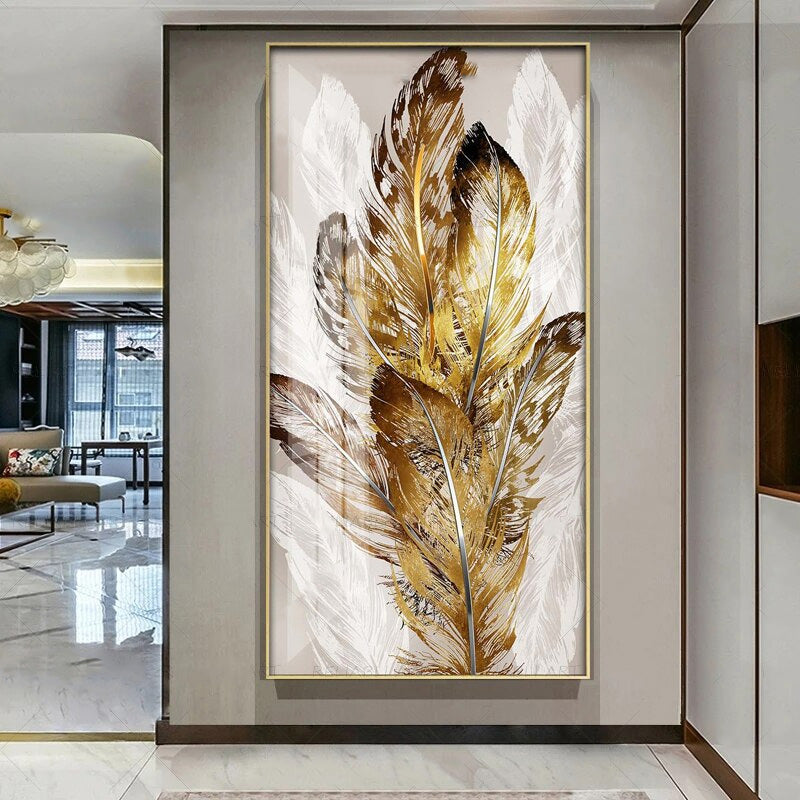 Modern Abstract Beige Golden Brown Feathers Wall Art Fine Art Canvas Prints Picture For Luxury Home Living Room Elegant Entrance Hallway Art Decor