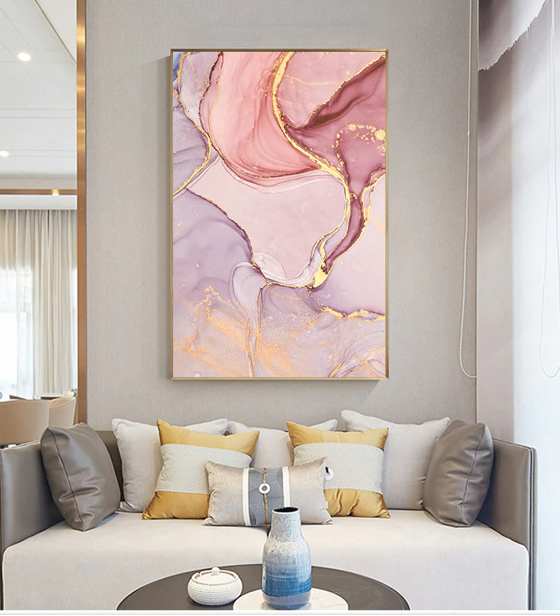 Abstract Nordic Modern Golden Pink White Canvas Painting Gold Wall