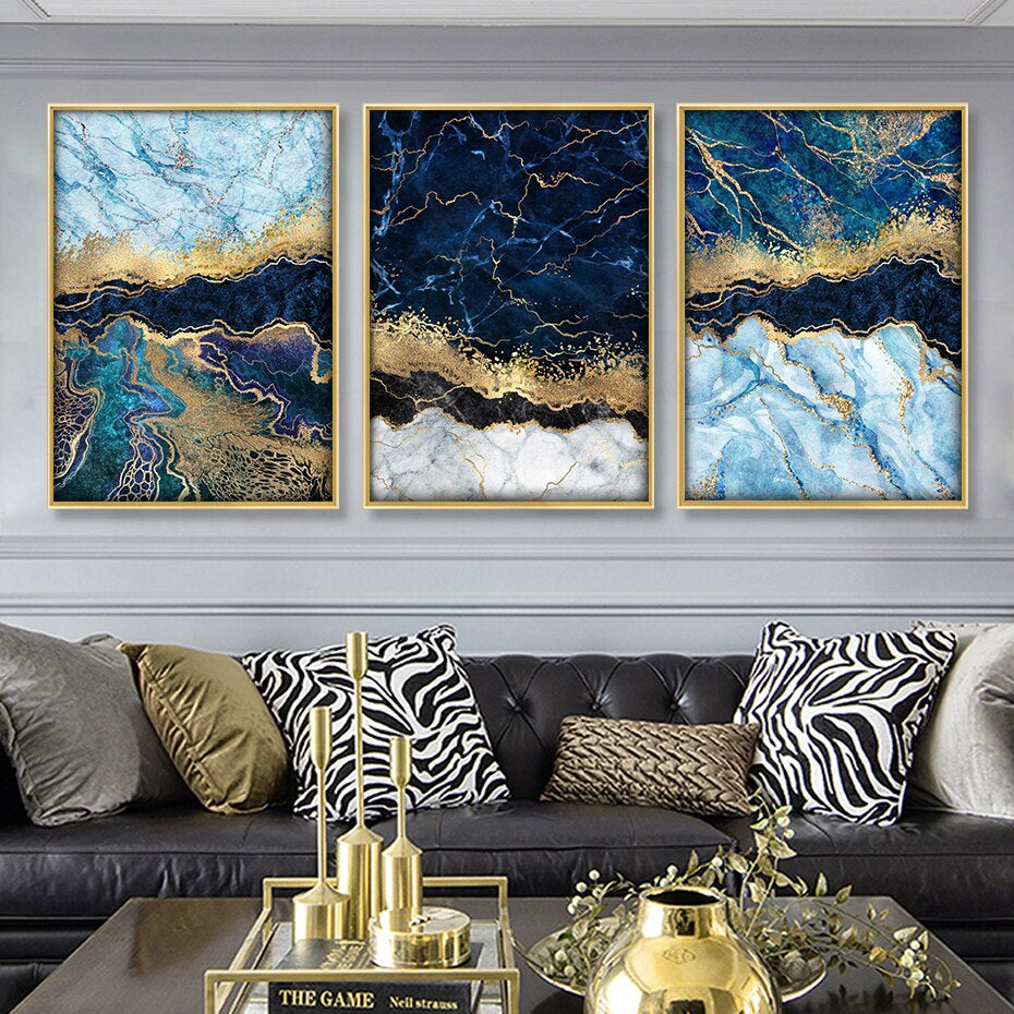 Abstract Deep Sea Blue Marble Print Golden Seam Agate Wall Art Fine Art Canvas Pictures For Luxury Living Room Dining Nordic Home Interior Decor