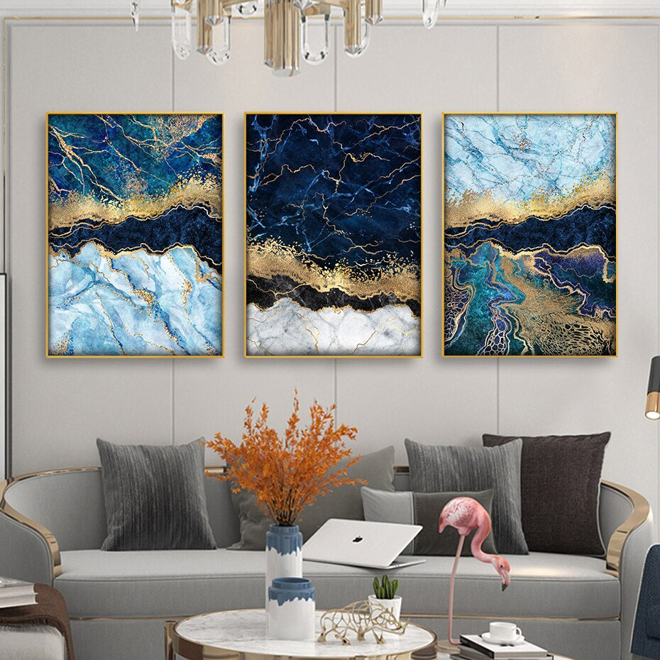 Abstract Deep Sea Blue Marble Print Golden Seam Agate Wall Art Fine Art Canvas Pictures For Luxury Living Room Dining Nordic Home Interior Decor