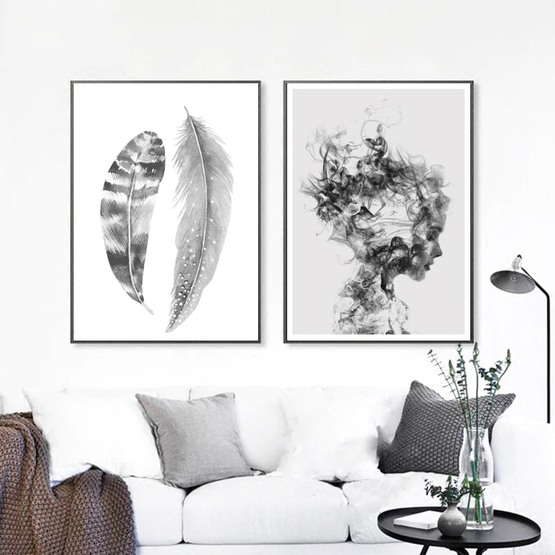 Abstract Feathers Black White Portrait Nordic Style Wall Art Fine Art Canvas Prints Pictures For Modern Scandinavian Style Home Interior Decor
