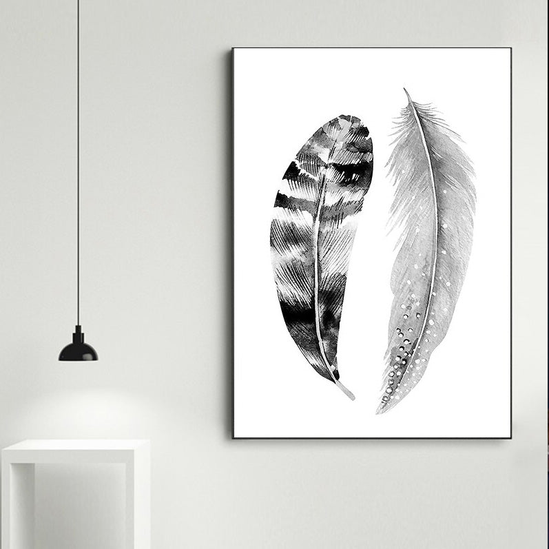 Abstract Girl Portrait Wall Art Minimalist Black White Feathers Fine Art Canvas Prints Modern Pictures For Scandinavian Living Room Bedroom Art Decor