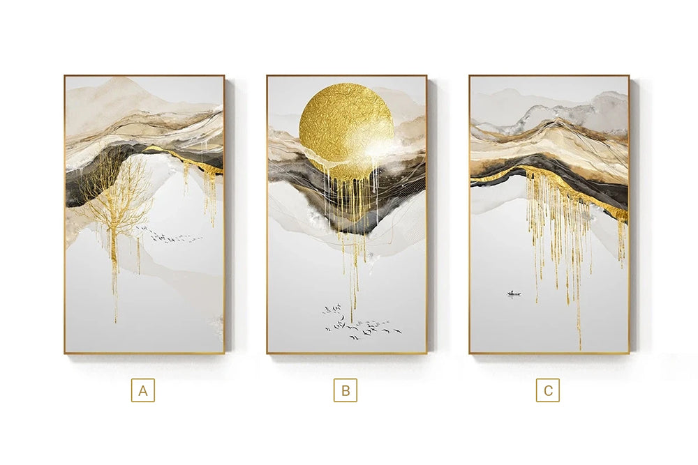 Abstract Golden Mountain Lakeside Scenes Modern Contemporary Landscape Wall Art Fine Art Canvas Prints Luxury Home Office Wall Decor