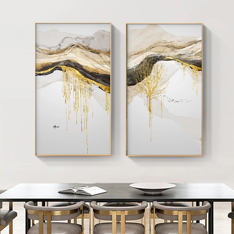 Abstract Golden Mountain Lakeside Scenes Modern Contemporary Landscape Wall Art Fine Art Canvas Prints Luxury Home Office Wall Decor