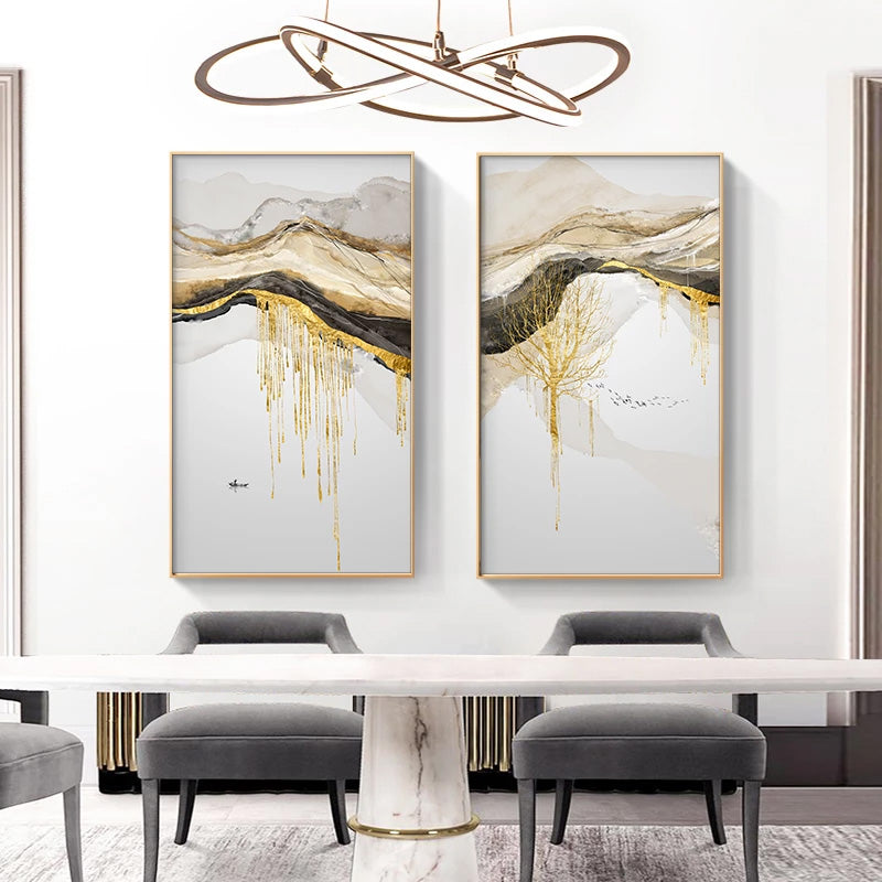 Abstract Golden Mountain Lakeside Scenes Modern Contemporary Landscape Wall Art Fine Art Canvas Prints Luxury Home Office Wall Decor