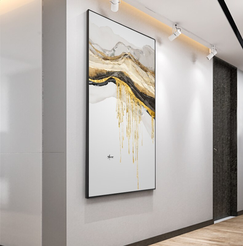 Abstract Golden Mountain Lakeside Scenes Modern Contemporary Landscape Wall Art Fine Art Canvas Prints Luxury Home Office Wall Decor