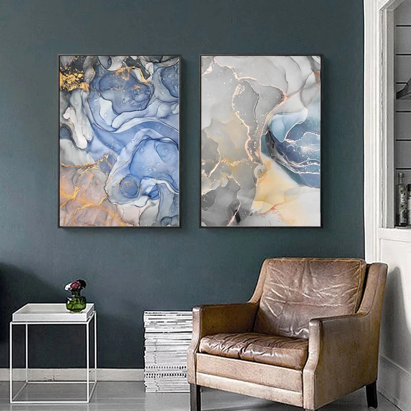 Abstract Grey Blue Marble Effect Wall Art Fine Art Canvas Prints Pictures For Living Room Nordic Style Modern Art Posters For Home Office Interior Decor