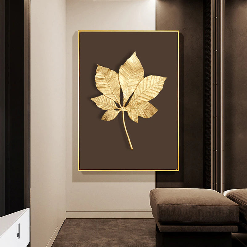 Abstract Minimalist Golden Leaf Wall Art Fine Art Canvas Prints Elegant Botanical Pictures For Luxury Living Room Dining Room Wall Decoration