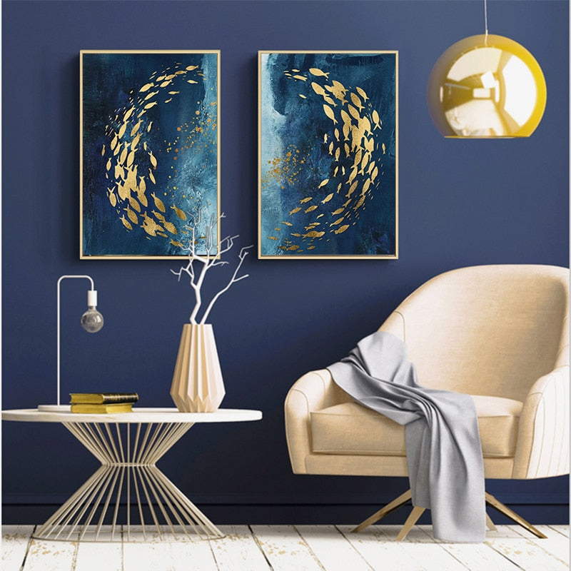 Abstract Nordic Golden Fish in Azure Sea Luxury Wall Art With Gold ...