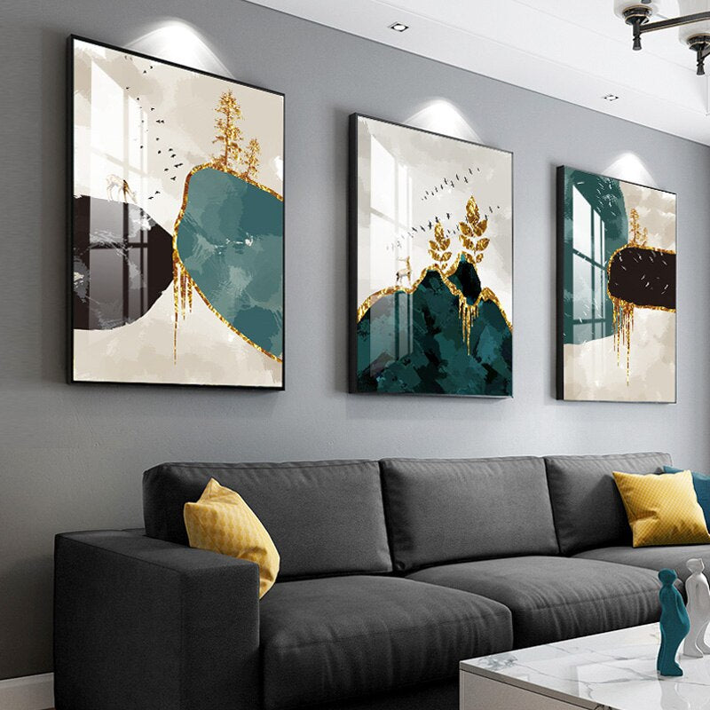 Abstract Nordic Landscape Wall Art Fine Art Canvas Prints Auspicious Golden Deer Pictures For Luxury Living Room Dining Room Modern Home Decor