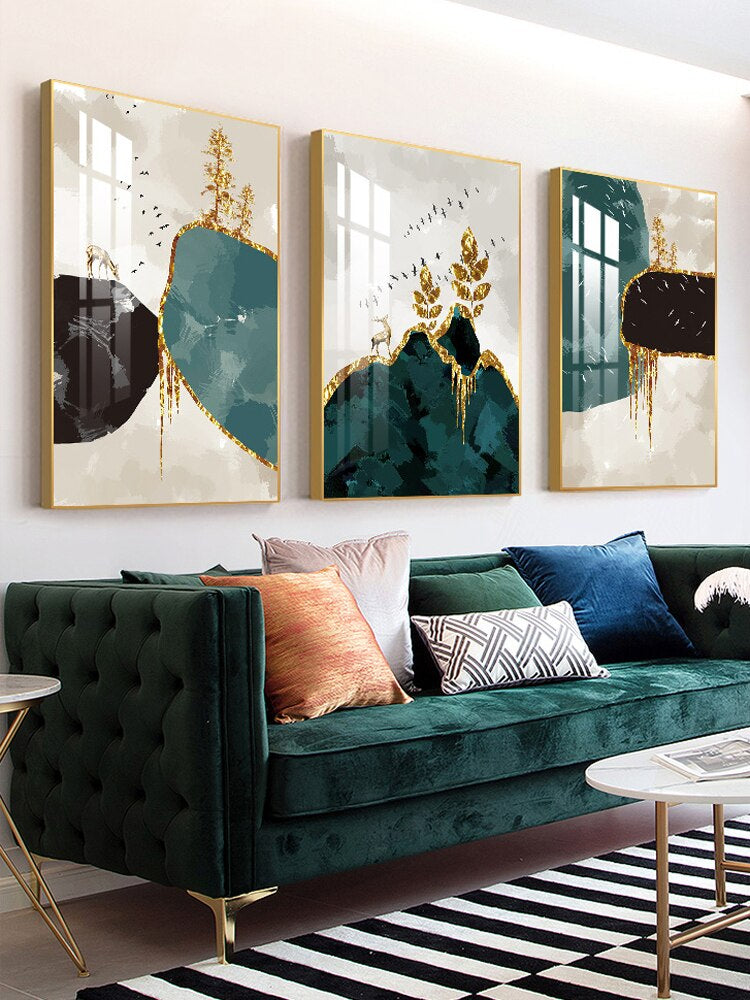 Abstract Nordic Landscape Wall Art Fine Art Canvas Prints Auspicious Golden Deer Pictures For Luxury Living Room Dining Room Modern Home Decor