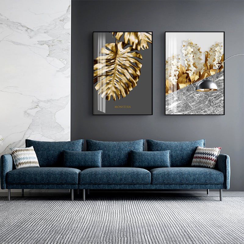 Abstract Tropical Gold Wall Art Nordic Style Golden Botanic Floral Fine Art Canvas Prints For Living Room Dining Room Modern Home Office Wall Art Decor