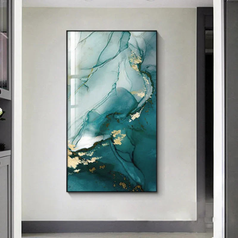 Aqua Green Golden Liquid Marble Print Wall Art Fine Art Canvas Print Pictures For Luxury Apartment Living Room Modern Foyer Art Decor