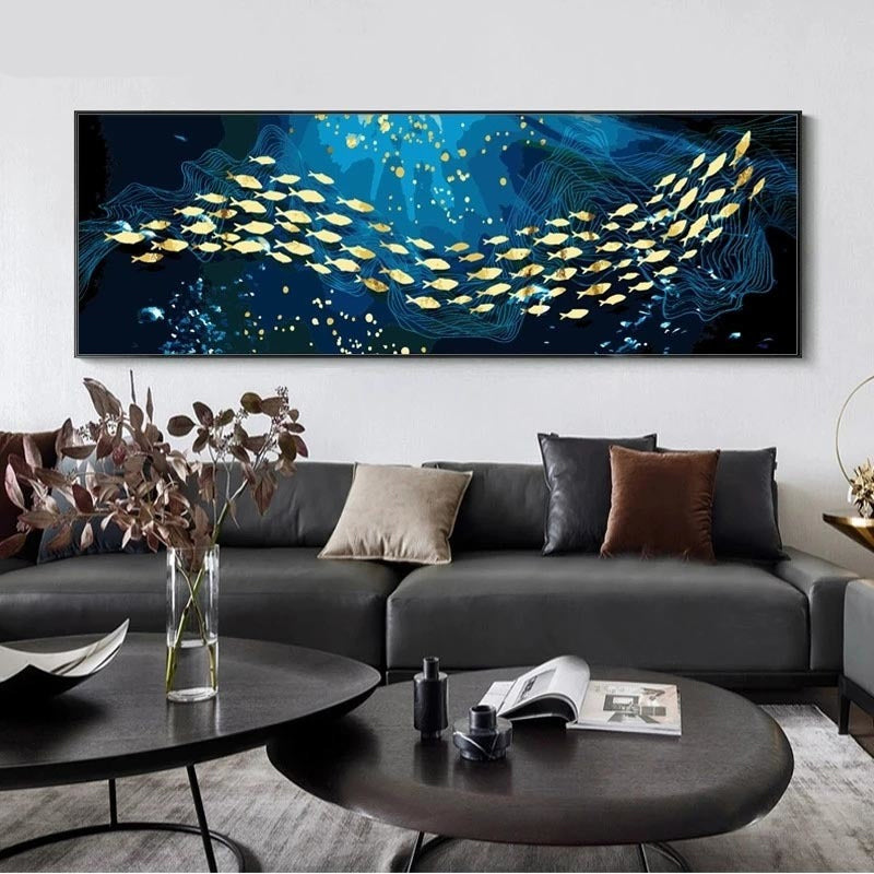 Auspicious Golden Fish In The Deep Blue Wall Art Fine Art Canvas Prints Wide Format Picture For Above The Bed Above The Sofa Wall Decoration