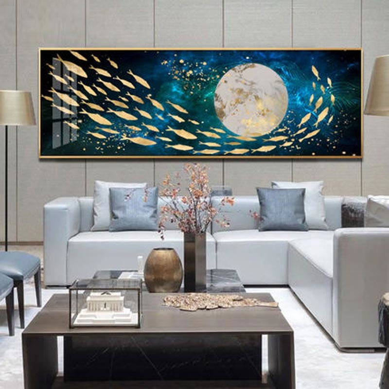 Auspicious Golden Fish In The Deep Blue Wall Art Fine Art Canvas Prints Wide Format Picture For Above The Bed Above The Sofa Wall Decoration