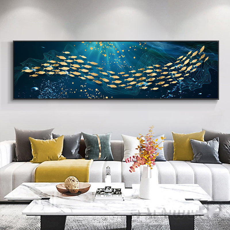 Auspicious Golden Fish In The Deep Blue Wall Art Fine Art Canvas Prints Wide Format Picture For Above The Bed Above The Sofa Wall Decoration