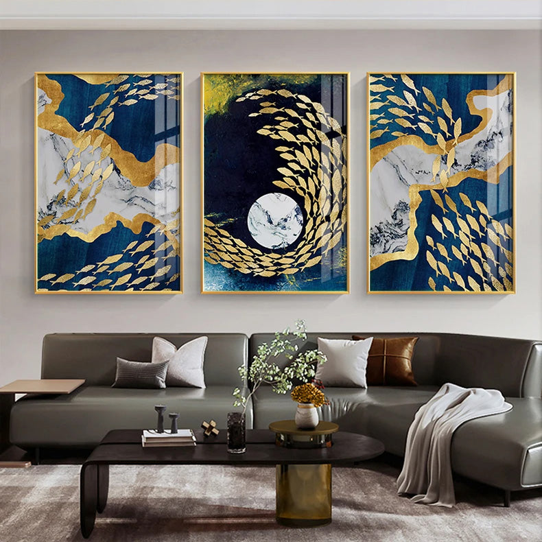 Auspicious Golden Fish In The Deep Blue Wall Art Fine Art Canvas Prints Modern Abstract Pictures For Home Office Boutique Hotel Art Decor