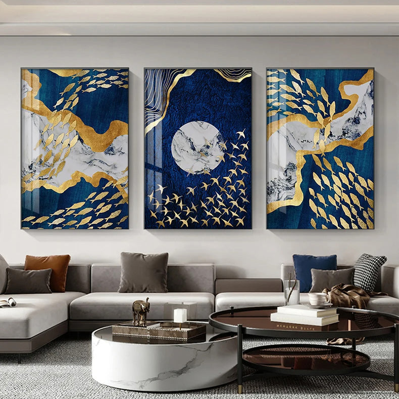 Auspicious Golden Fish In The Deep Blue Wall Art Fine Art Canvas Prints Modern Abstract Pictures For Home Office Boutique Hotel Art Decor