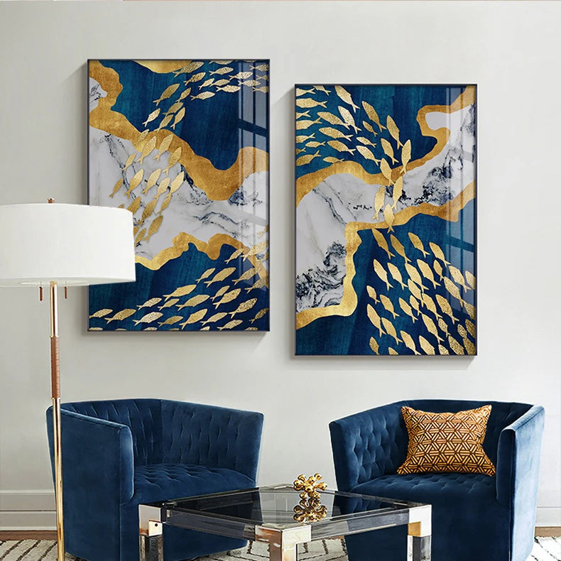 Auspicious Golden Fish In The Deep Blue Wall Art Fine Art Canvas Prints Modern Abstract Pictures For Home Office Boutique Hotel Art Decor