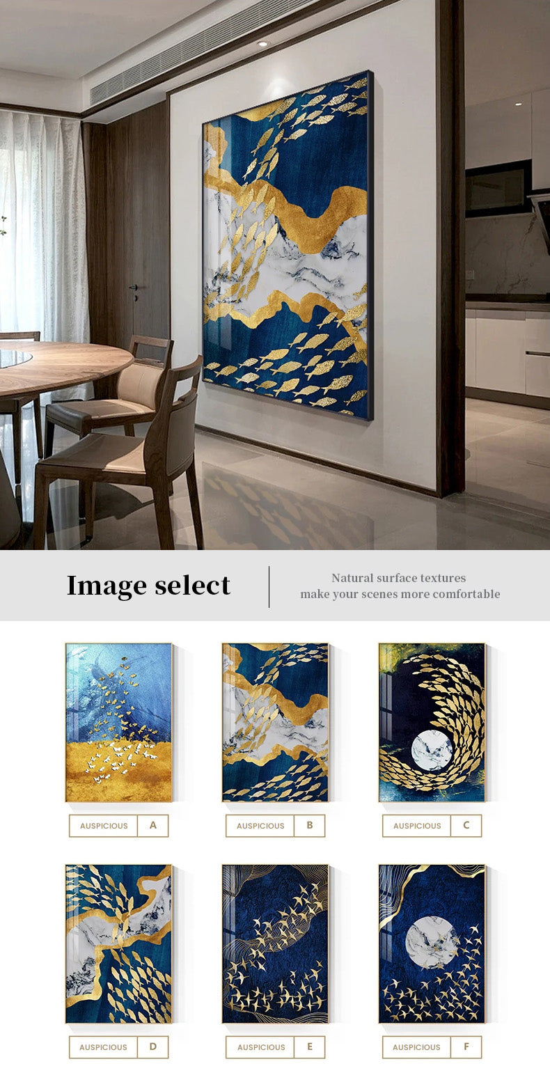 Auspicious Golden Fish In The Deep Blue Wall Art Fine Art Canvas Prints Modern Abstract Pictures For Home Office Boutique Hotel Art Decor