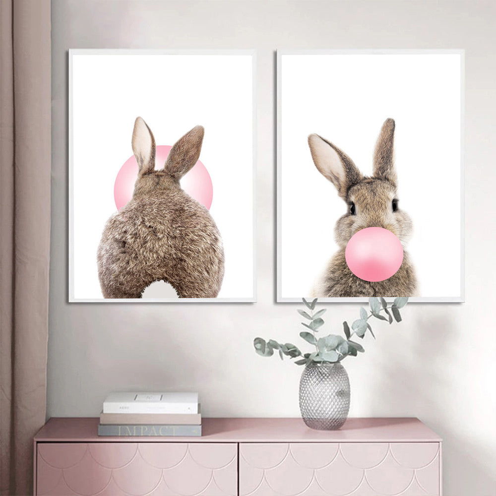 Baby Animals Cute Pink Bubble Gum Bunny Nursery Wall Art Fine Art Canvas Prints Pop Art Rabbit Pictures For Baby's Room Wall Decoration