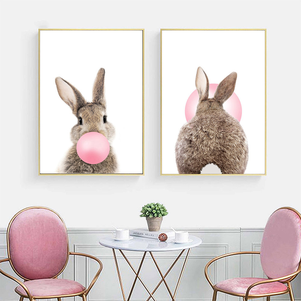 Baby Animals Cute Pink Bubble Gum Bunny Nursery Wall Art Fine Art Canvas Prints Pop Art Rabbit Pictures For Baby's Room Wall Decoration