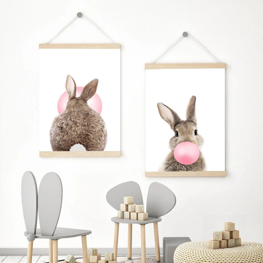 Baby Animals Cute Pink Bubble Gum Bunny Nursery Wall Art Fine Art Canvas Prints Pop Art Rabbit Pictures For Baby's Room Wall Decoration