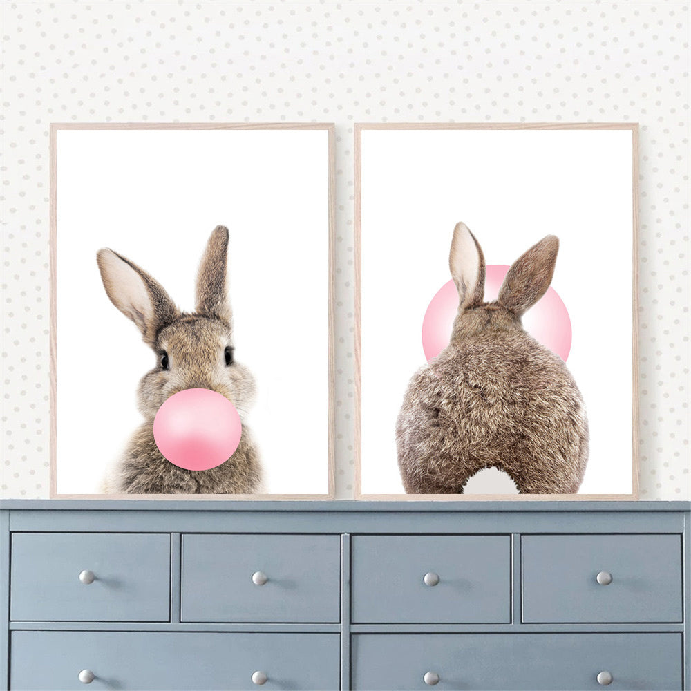 Baby Animals Cute Pink Bubble Gum Bunny Nursery Wall Art Fine Art Canvas Prints Pop Art Rabbit Pictures For Baby's Room Wall Decoration