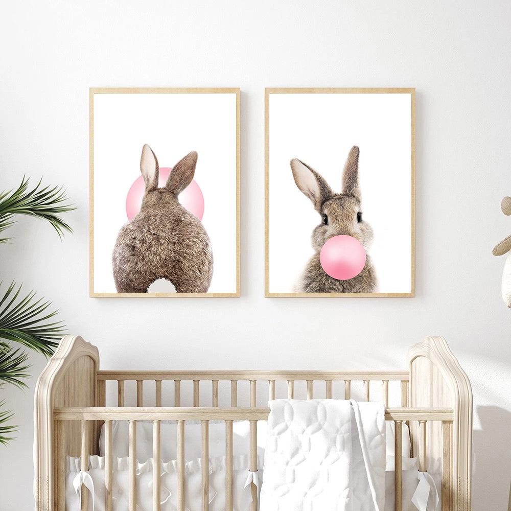 Baby Animals Cute Pink Bubble Gum Bunny Nursery Wall Art Fine Art Canvas Prints Pop Art Rabbit Pictures For Baby's Room Wall Decoration