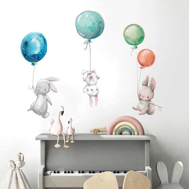 Balloon Bunnies Wall Decals For Baby's Room Colorful Removable PVC Wall Decals For Nursery Cute Animal Balloon Wall Stickers Creative DIY Kid's Room Decor