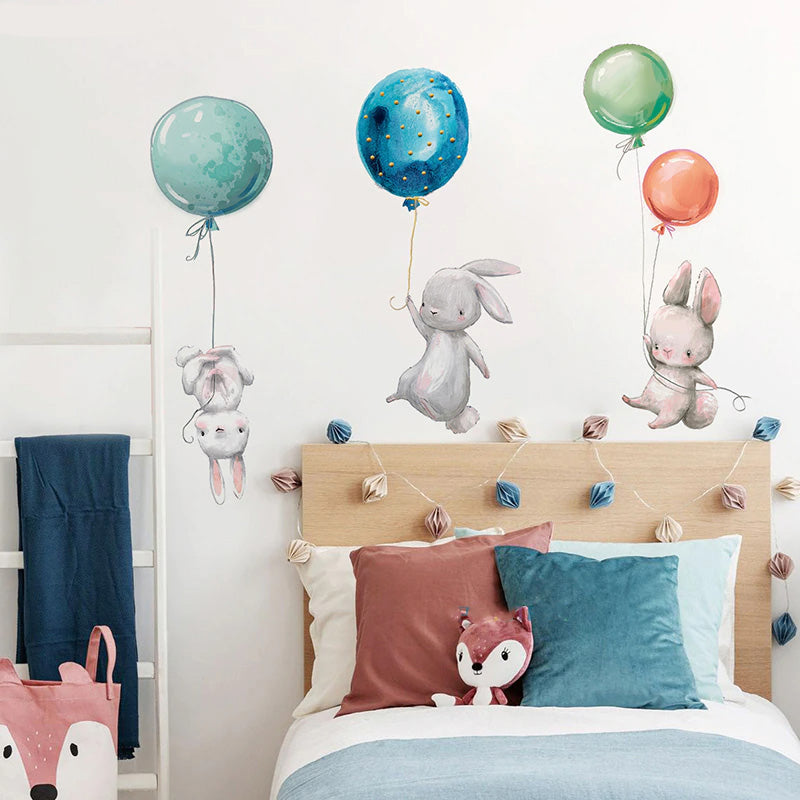 Balloon Bunnies Wall Decals For Baby's Room Colorful Removable PVC Wall Decals For Nursery Cute Animal Balloon Wall Stickers Creative DIY Kid's Room Decor