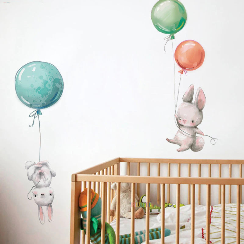 Balloon Bunnies Wall Decals For Baby's Room Colorful Removable PVC Wall Decals For Nursery Cute Animal Balloon Wall Stickers Creative DIY Kid's Room Decor