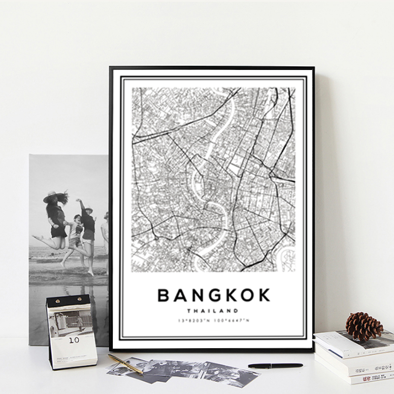 Bangkok City Map Wall Art Street Map Aerial View Black White Fine Art Canvas Prints Minimalist Thailand Travel Map Posters For Home Office Interior Decor