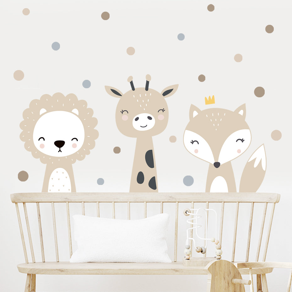 Beige Cartoon Giraffe Fox Lion Polka Dots Wall Decals Removable PVC Vinyl Wall Stickers For Nursery Children's Room Baby's Room Creative Decoration