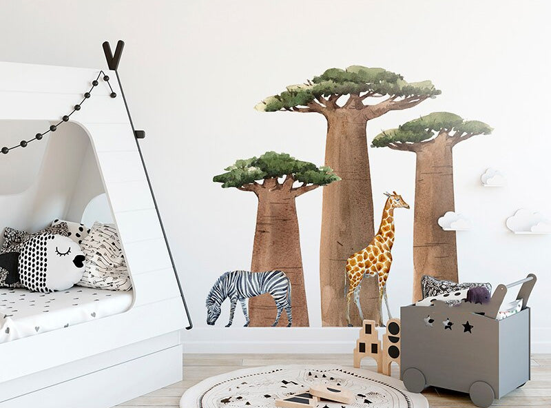 Big Baobab Tree Zebra Giraffe Wall Mural Removable Self Adhesive Vinyl Wall Decal For Children's Room Nursery Room Wall Creative DIY Kid's Room Decor