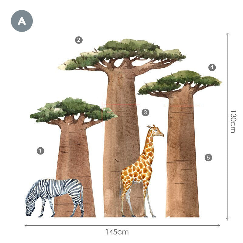 Big Baobab Tree Zebra Giraffe Wall Mural Removable Self Adhesive Vinyl Wall Decal For Children's Room Nursery Room Wall Creative DIY Kid's Room Decor