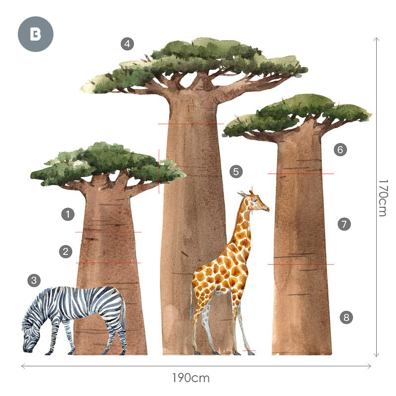 Big Baobab Tree Zebra Giraffe Wall Mural Removable Self Adhesive Vinyl Wall Decal For Children's Room Nursery Room Wall Creative DIY Kid's Room Decor