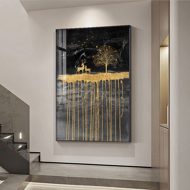 Black Golden Deer Auspicious Landscape Wall Art Fine Art Canvas Prints Nordic Abstract Pictures For Luxury Living Room Home Office Decor