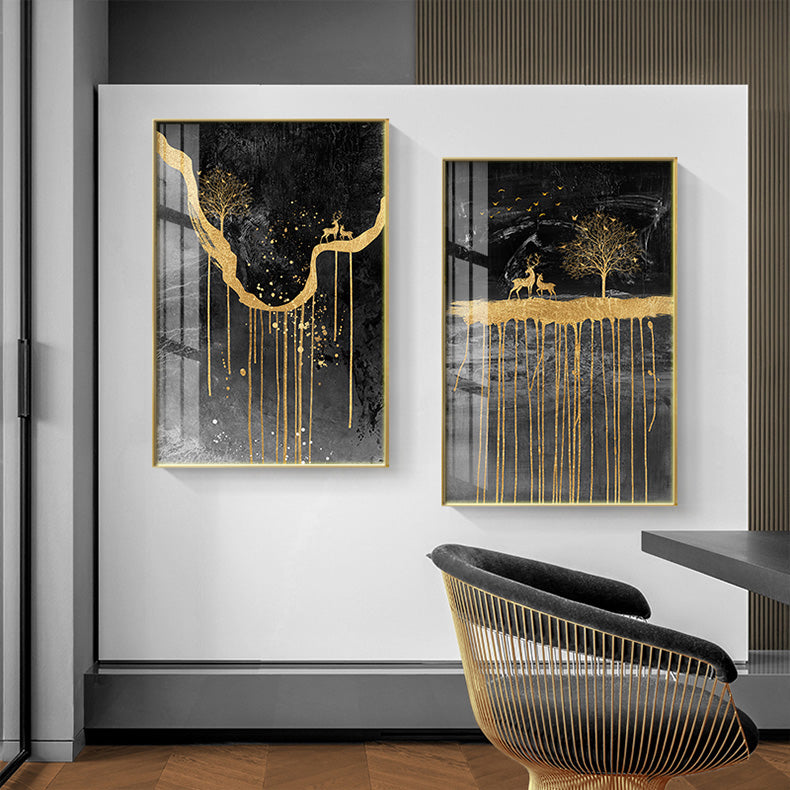 Black Golden Deer Auspicious Landscape Wall Art Fine Art Canvas Prints Nordic Abstract Pictures For Luxury Living Room Home Office Decor