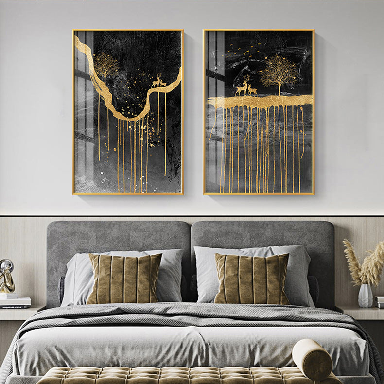 Black Golden Deer Auspicious Landscape Wall Art Fine Art Canvas Prints Nordic Abstract Pictures For Luxury Living Room Home Office Decor