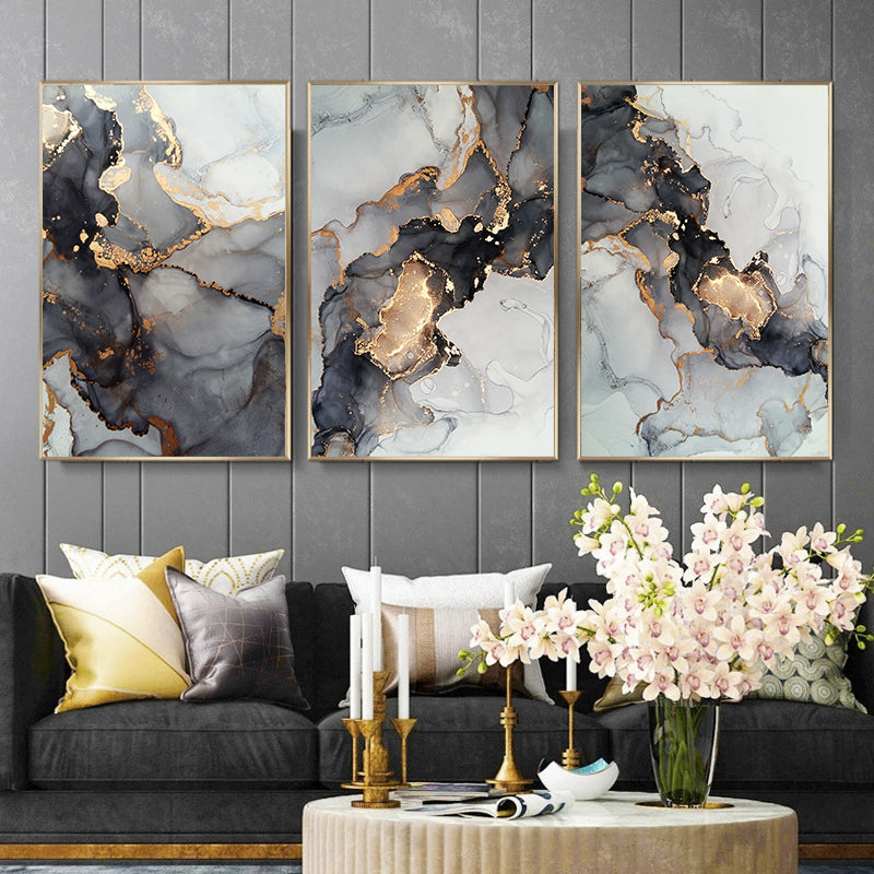 Black Golden Gray Marble Print Wall Art Fine Art Canvas Prints Modern Abstract Pictures For Luxury Living Room Dining Room Home Office Interior Decor