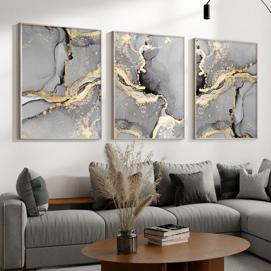 Black Gray Golden Liquid Marble Wall Art Fine Art Canvas Prints Modern Abstract Light Luxury Pictures For Living Room Home Office Decor