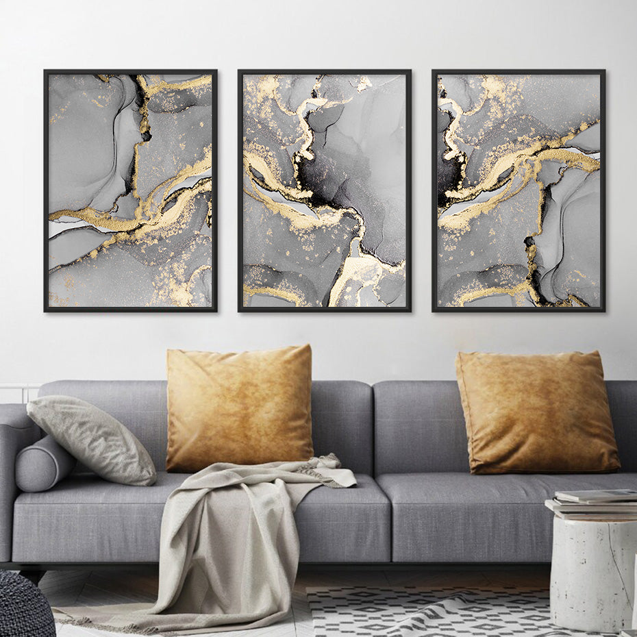 Black Gray Golden Liquid Marble Wall Art Fine Art Canvas Prints Modern Abstract Light Luxury Pictures For Living Room Home Office Decor