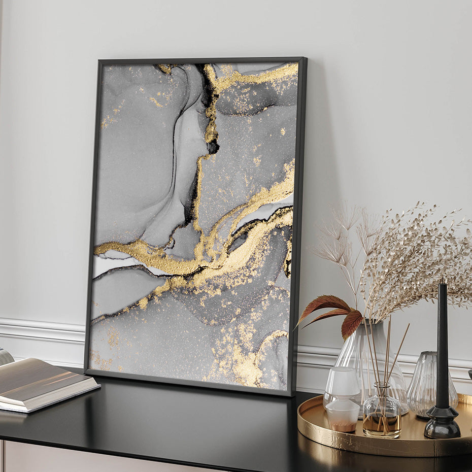 Black Gray Golden Liquid Marble Wall Art Fine Art Canvas Prints Modern Abstract Light Luxury Pictures For Living Room Home Office Decor