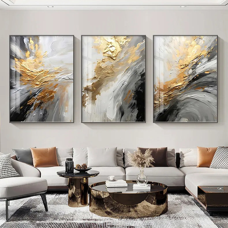 Black Gray Golden Storm Thick Brush Paint Canvas Print Wall Art Fine A –