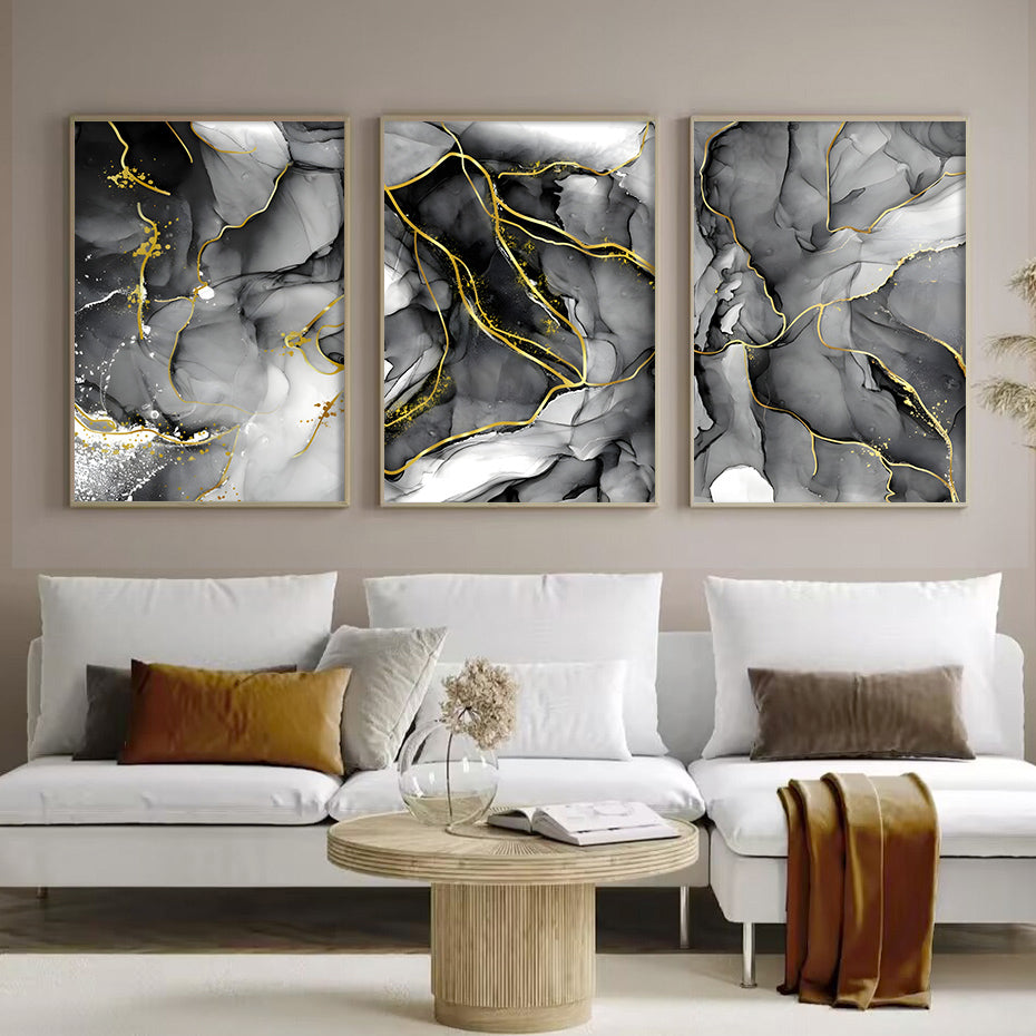 Black Gray Golden Vein Marble Wall Art Fine Art Canvas Prints Pictures For Modern Apartment Living Room Home Office Decor