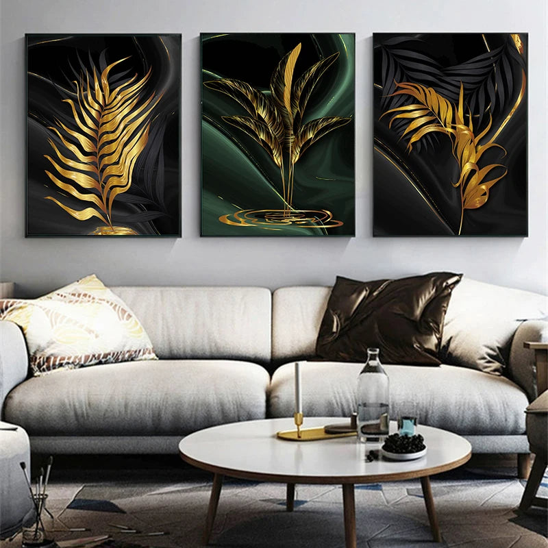 Black Green Golden Palm Leaves Wall Art Fine Art Canvas Prints Modern Tropical Botanical Pictures For Living Room Dining Room Home Office Decor