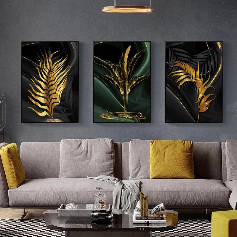 Black Green Golden Palm Leaves Wall Art Fine Art Canvas Prints Modern Tropical Botanical Pictures For Living Room Dining Room Home Office Decor