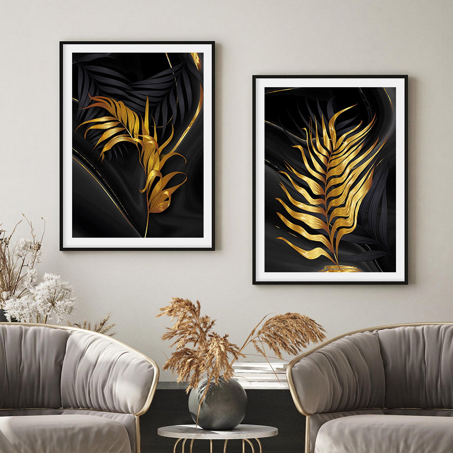 Black Green Golden Palm Leaves Wall Art Fine Art Canvas Prints Modern –