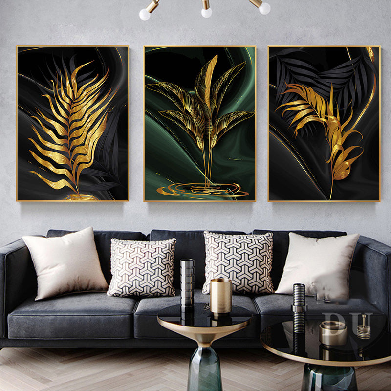 Black Green Golden Palm Leaves Wall Art Fine Art Canvas Prints Modern Tropical Botanical Pictures For Living Room Dining Room Home Office Decor